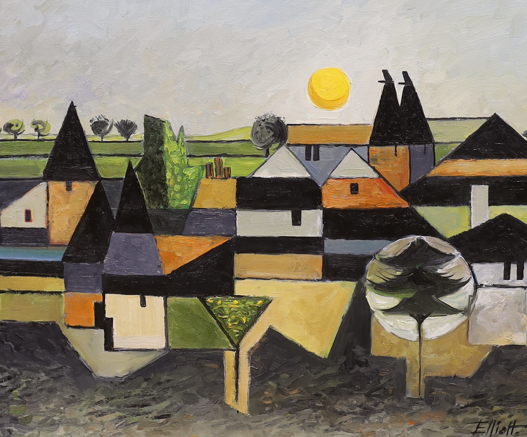 Robin Alexander Elliott (b.1936) oil on canvas, 'Hop Barn and Oasts', signed, inscribed verso, 49 x 59cm